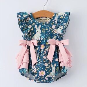 NWT Rylee Faith Designs Ruffle bottom Blue Floral Baby Romper with Pink Bows